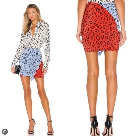 A.L.C. Geller Mini Skirt Gwen Stefani Silk Leopard Ruched Ruffle Blue Red Size 2 - Picture 9 of 10